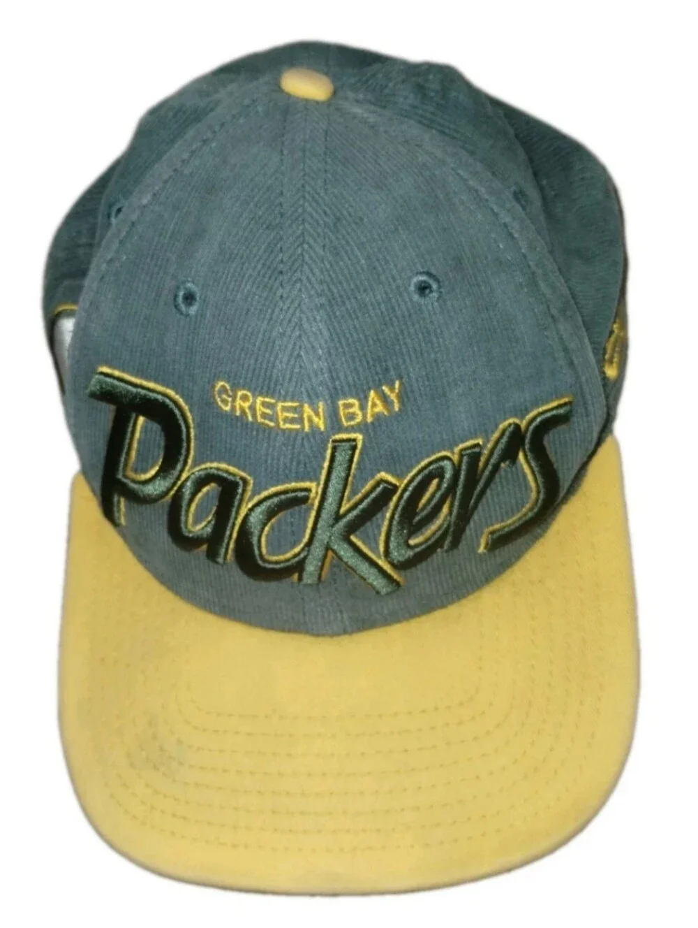 VTG New Era NFL Green Bay Packers Corduroy Script Baseball Cap - Green & Yellow